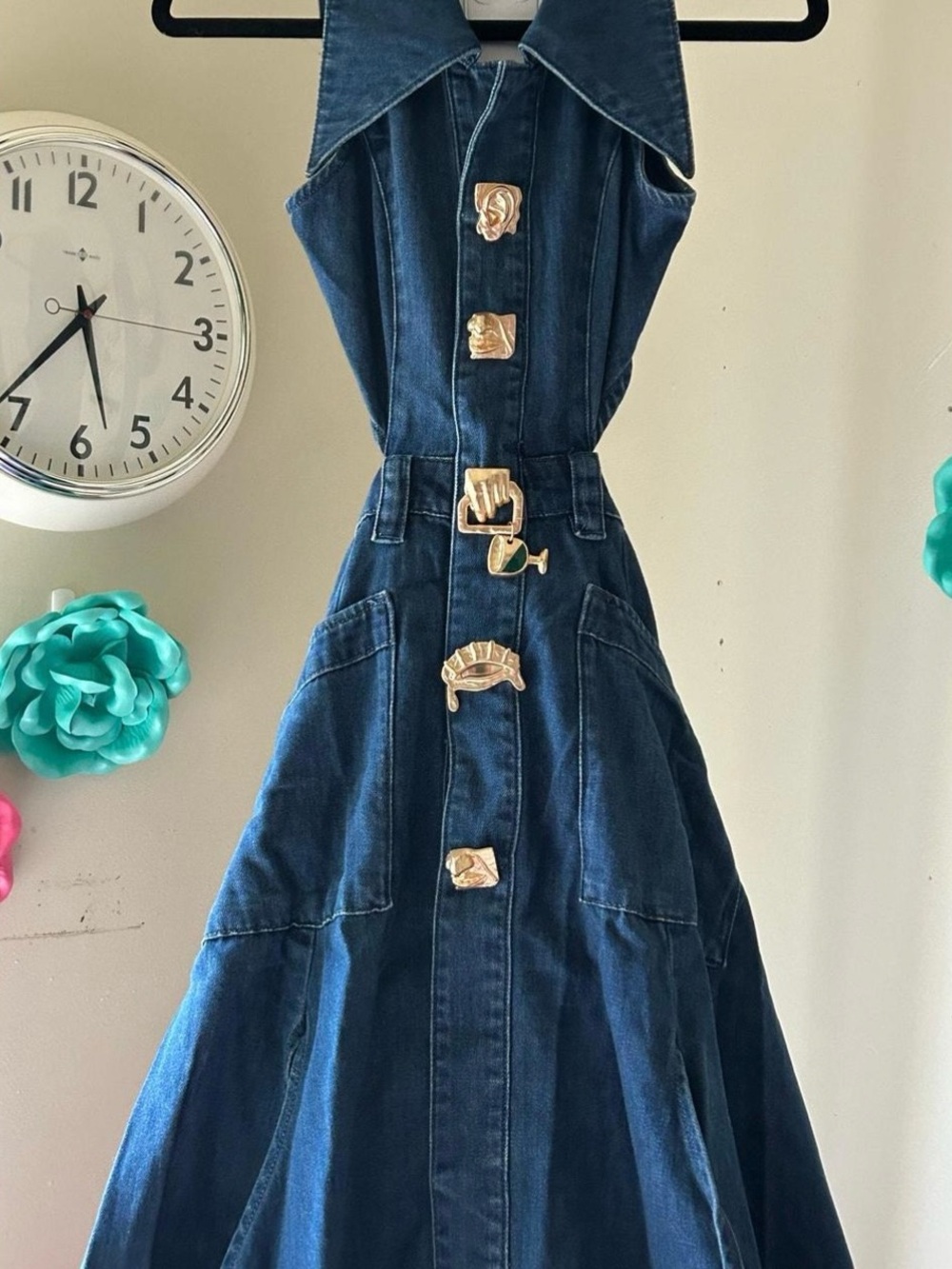 Denim Maxi Dress with Statement Buttons - Dark Blue - Picture 2 of 6